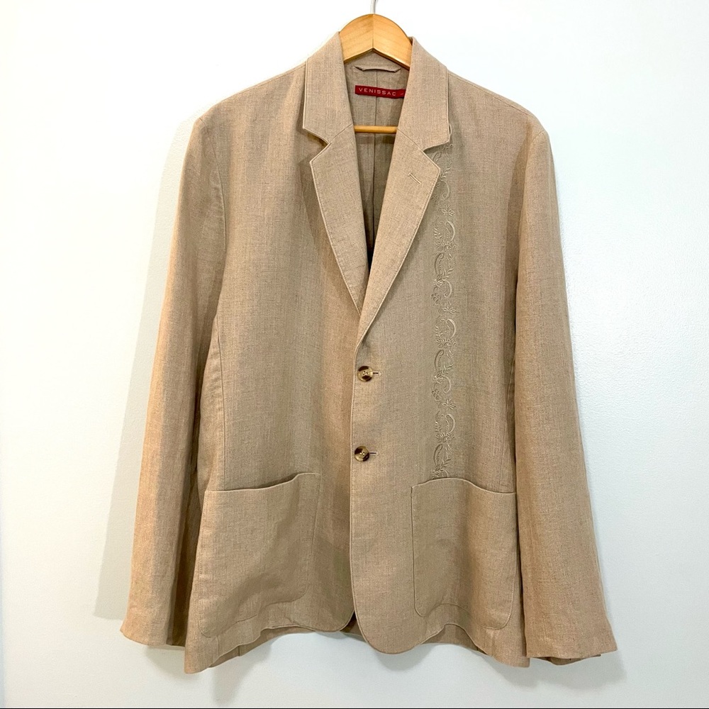 Vintage Venissac 100% Linen Unstructured Blazer Embroidery